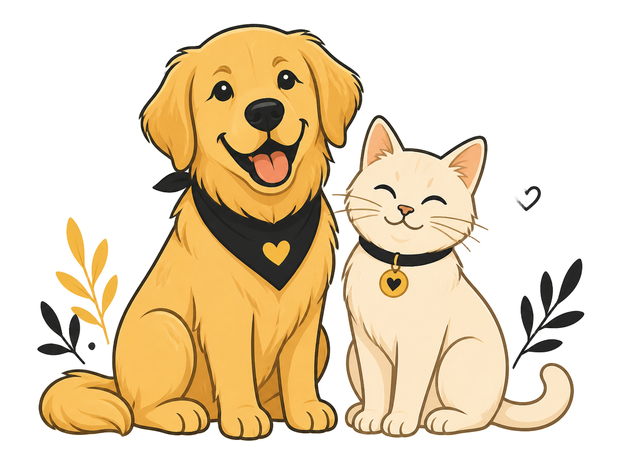 Illustration of a smiling dog and cat sitting side by side