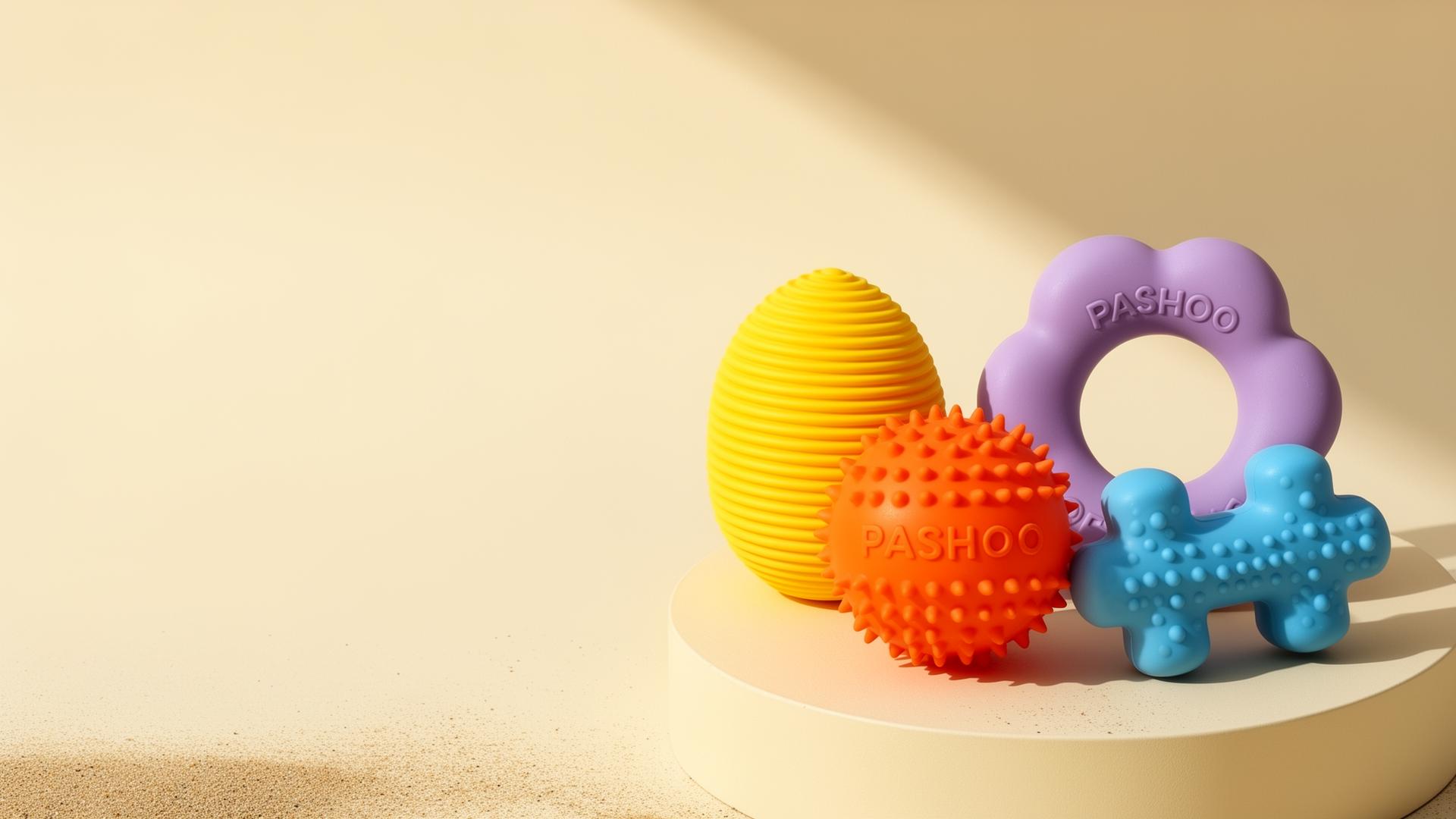 PASHOO modern rubber toys — yellow, orange, lilac, blue